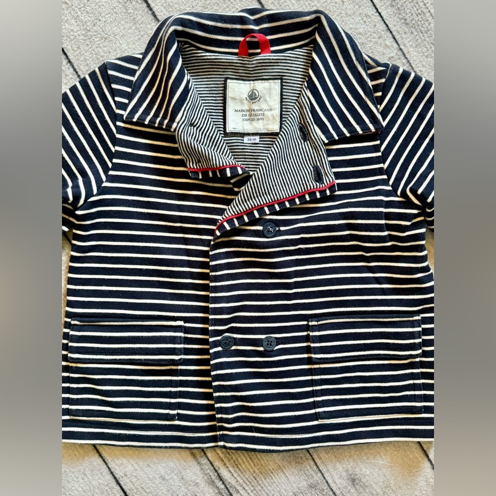 Petit Bateau Toddler Boy Jacket, Sz. 36 Months, Navy and White Striped, EUC!
